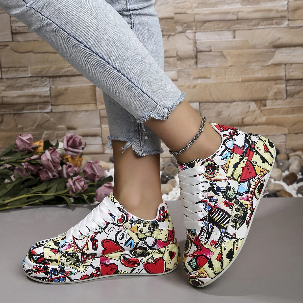 [36-43]Graffiti Platform Lace Up Shoes For Women Casual Walking Shoes - Image 3