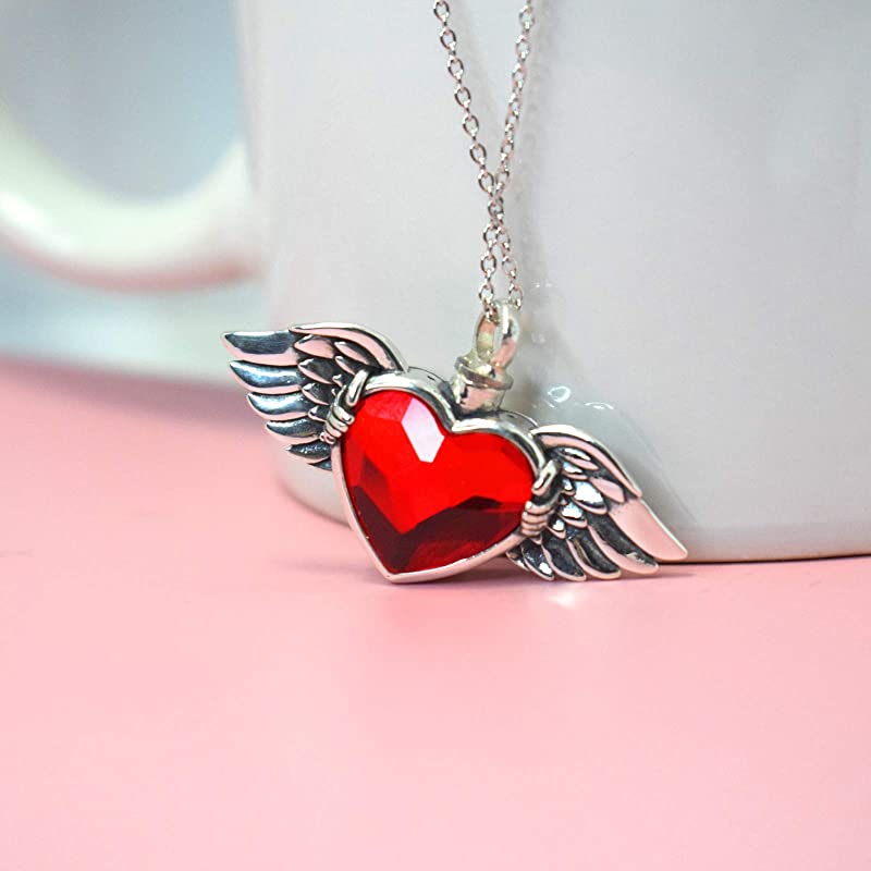 Angel Wing with Heart Urn Necklace for Ashes Sterling Silver Crystal Heart Cremation Memorial Keepsake Pendant - Image 2