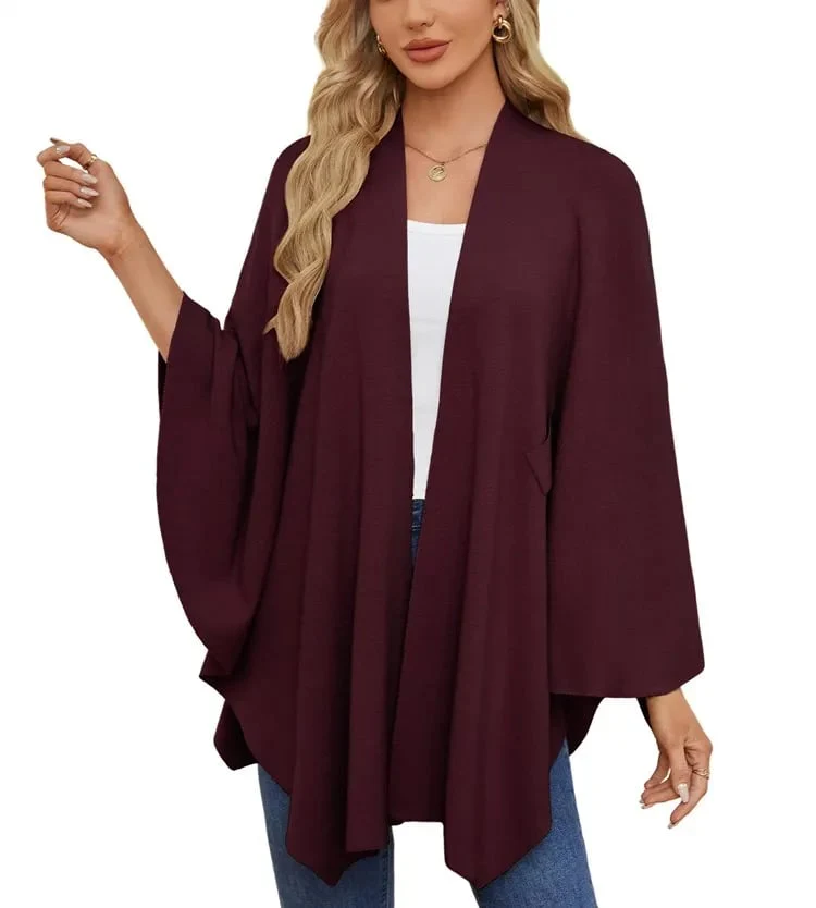 Autumn Women's Elegant Shawl Wraps Soft Open Front Poncho Sweater - Image 12