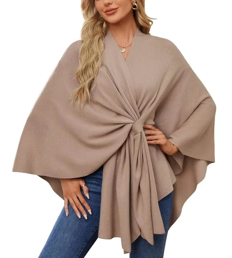 Autumn Women's Elegant Shawl Wraps Soft Open Front Poncho Sweater - Image 15