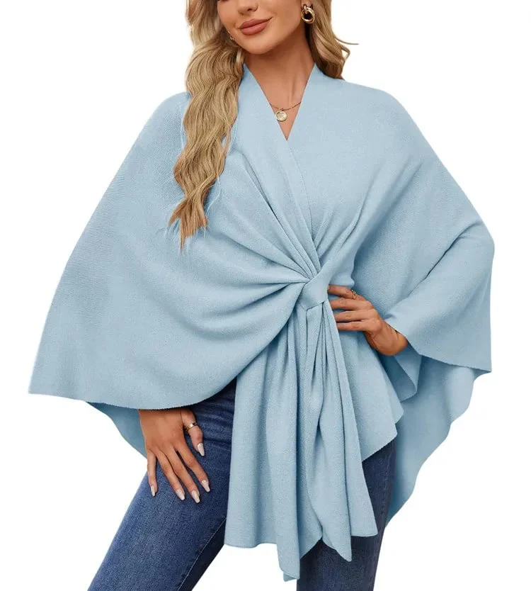 Autumn Women's Elegant Shawl Wraps Soft Open Front Poncho Sweater - Image 26
