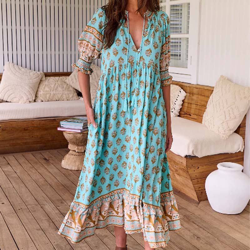 Boho Floral V Neck High Waist A-Line Swing Dress - Image 2