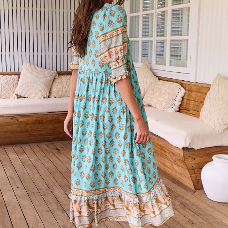Boho Floral V Neck High Waist A-Line Swing Dress - Image 3