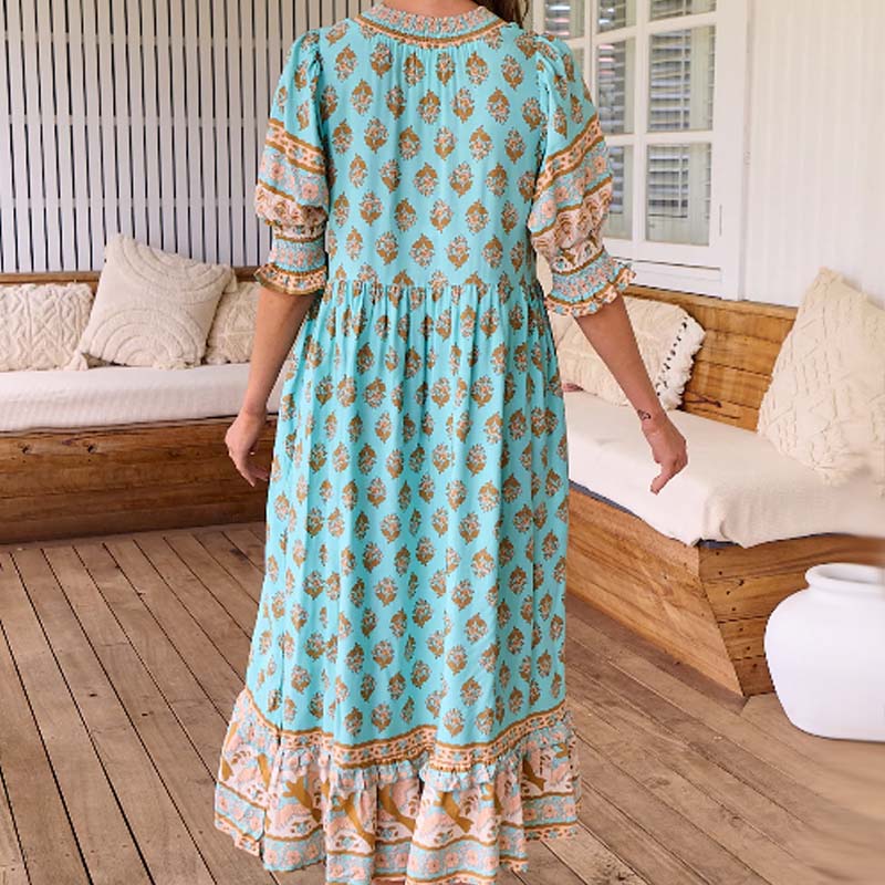 Boho Floral V Neck High Waist A-Line Swing Dress - Image 4