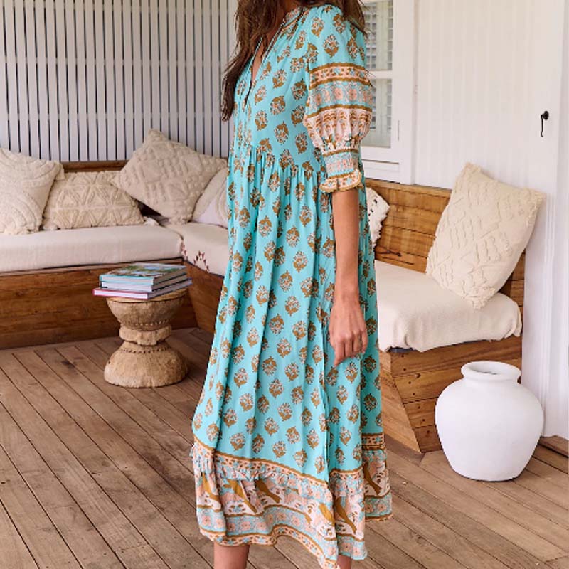 Boho Floral V Neck High Waist A-Line Swing Dress - Image 5