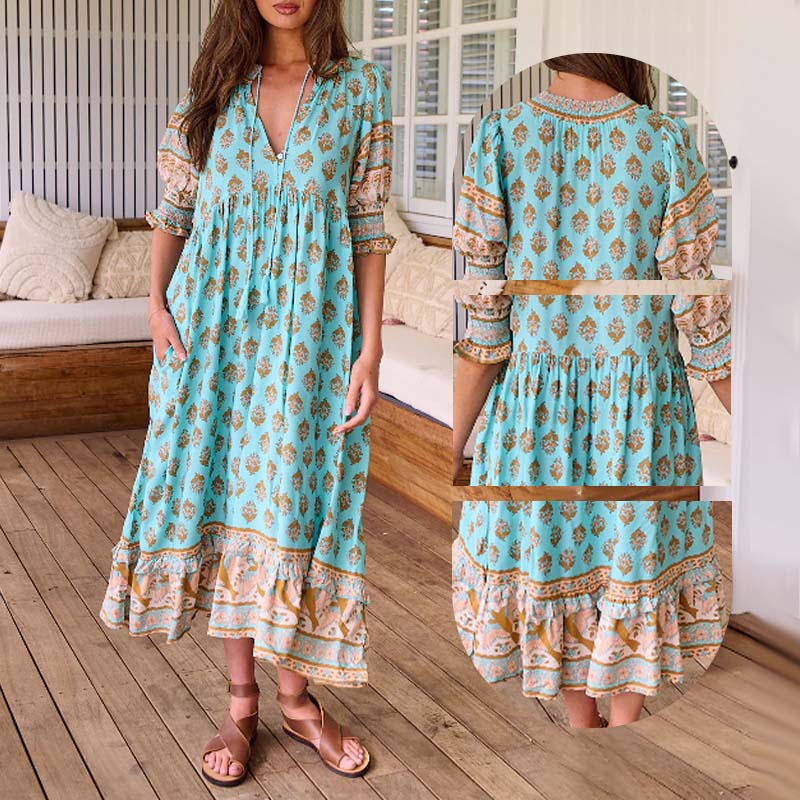 Boho Floral V Neck High Waist A-Line Swing Dress - Image 6