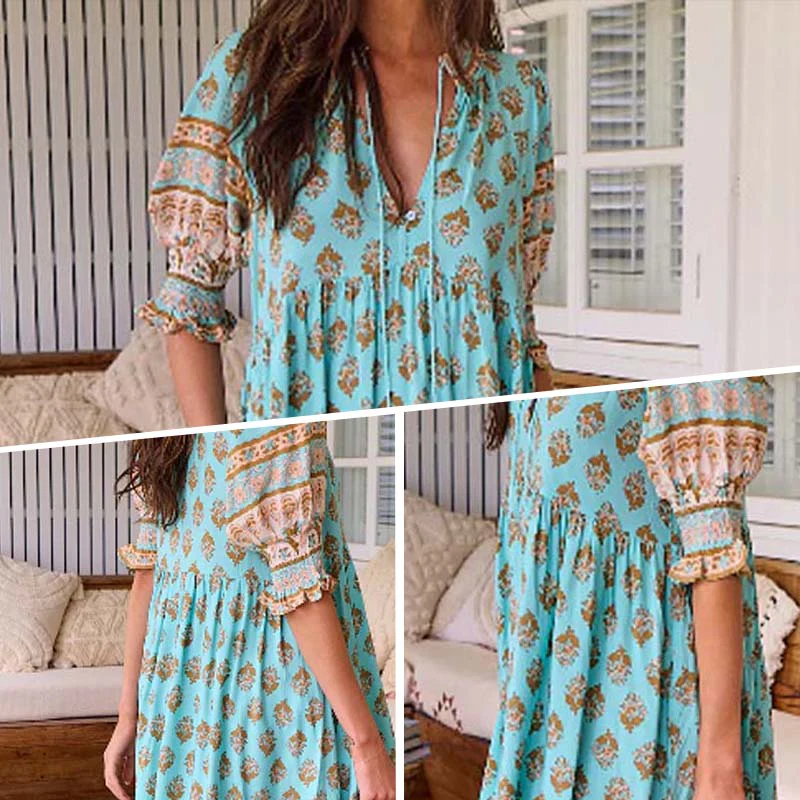 Boho Floral V Neck High Waist A-Line Swing Dress - Image 7