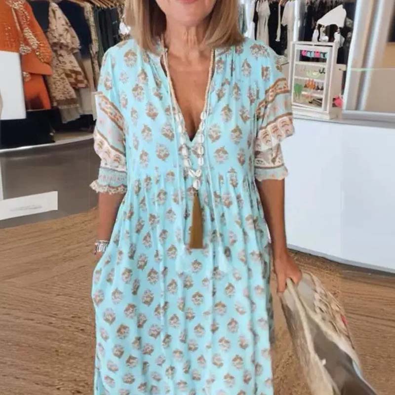 Boho Floral V Neck High Waist A-Line Swing Dress - Image 9