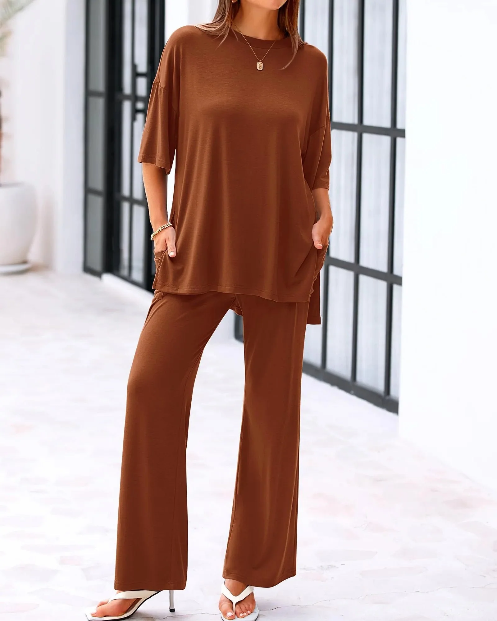 Casual 2-Piece Loose-Fit Short Sleeve Top & Wide-Leg Pants Set with Pockets - Image 14