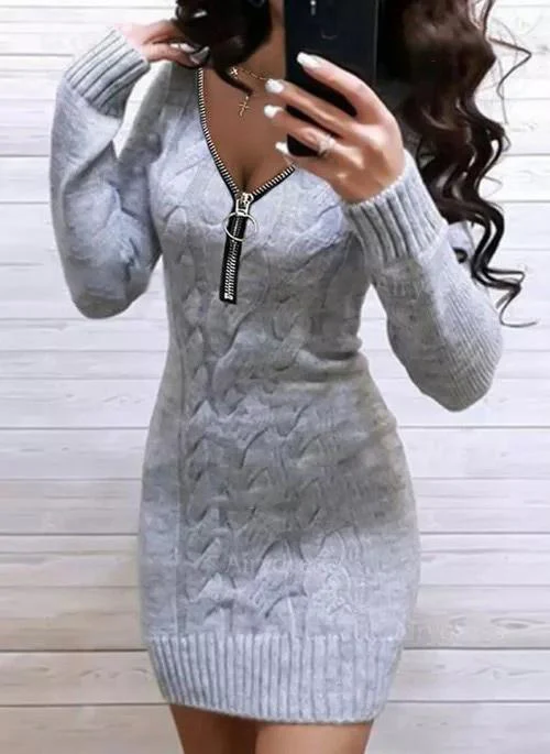 Casual Solid Sweater V-Neckline Bodycon Dress - Image 3