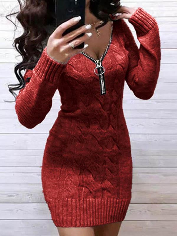 Casual Solid Sweater V-Neckline Bodycon Dress - Image 6
