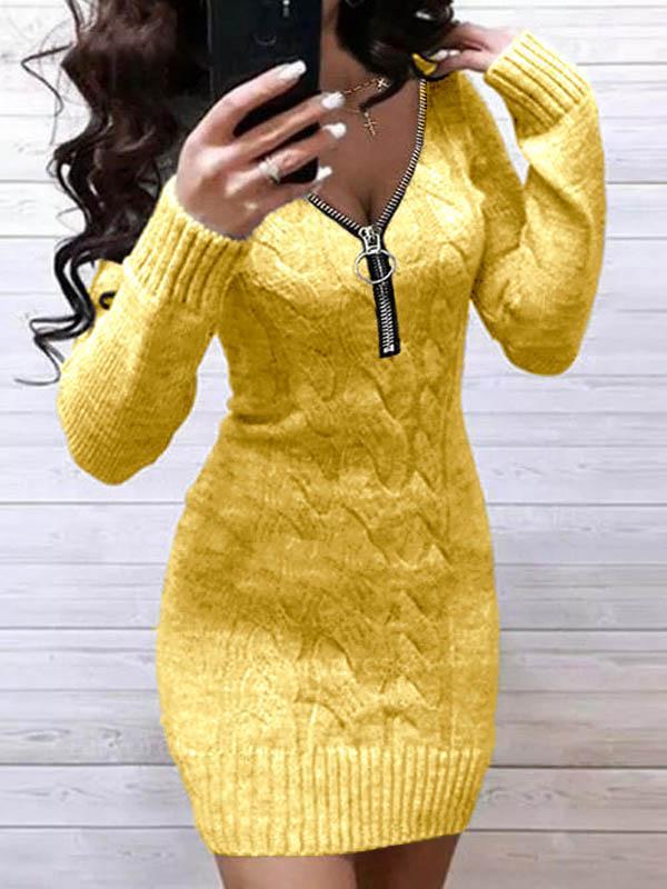 Casual Solid Sweater V-Neckline Bodycon Dress - Image 7