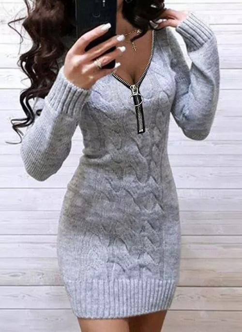 Casual Solid Sweater V-Neckline Bodycon Dress - Image 9