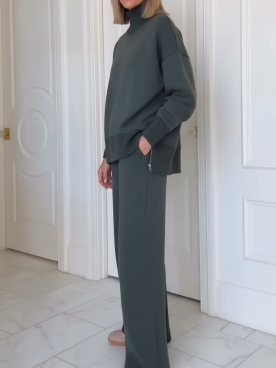 Casual Travel Stand Collar Side Zipper Top Straight Pants Two-Piece Set - Image 2