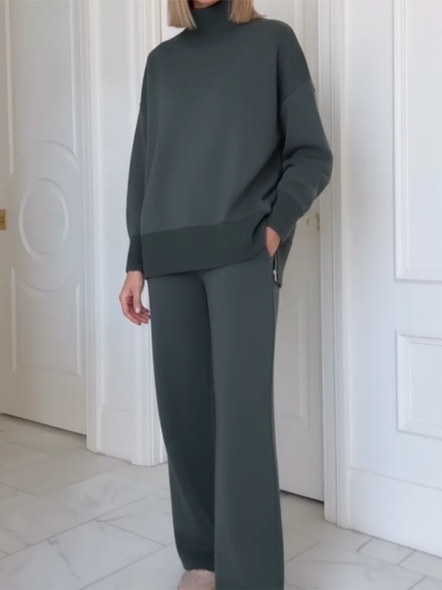 Casual Travel Stand Collar Side Zipper Top Straight Pants Two-Piece Set - Image 3