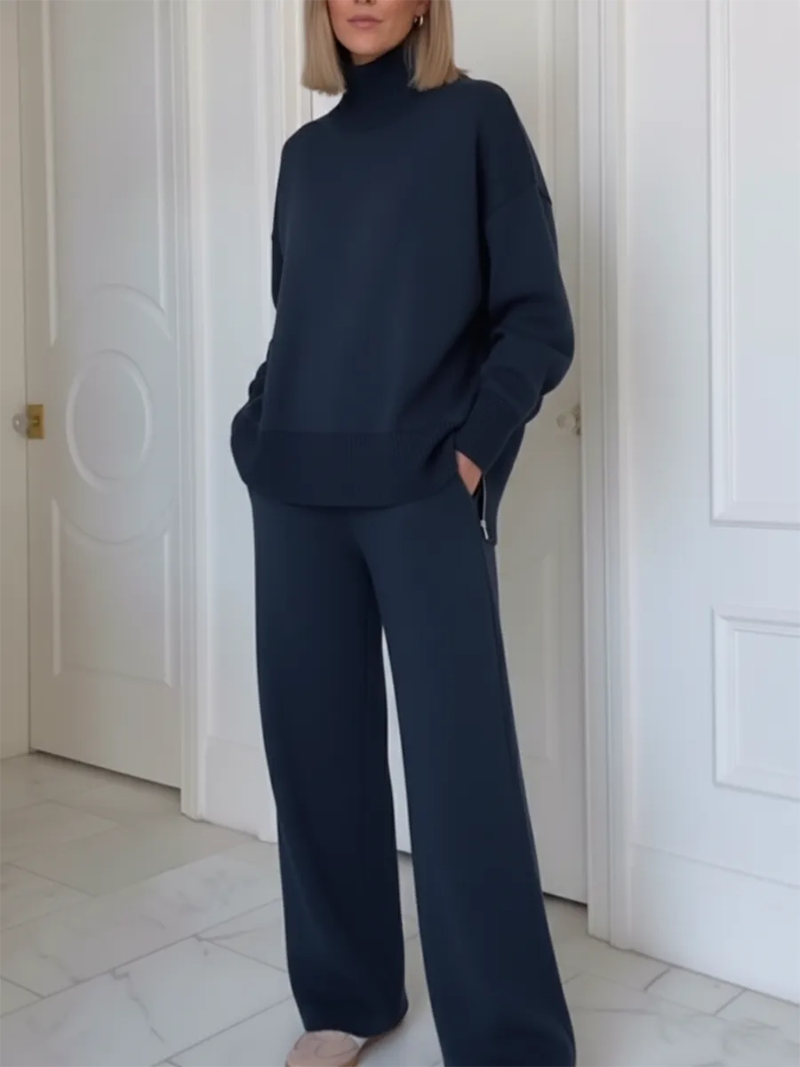 Casual Travel Stand Collar Side Zipper Top Straight Pants Two-Piece Set - Image 4