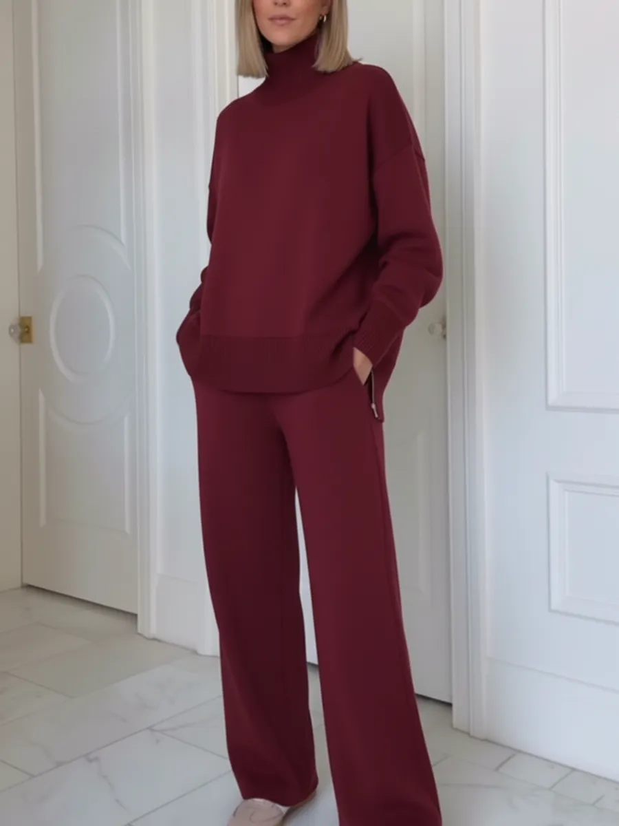 Casual Travel Stand Collar Side Zipper Top Straight Pants Two-Piece Set - Image 5