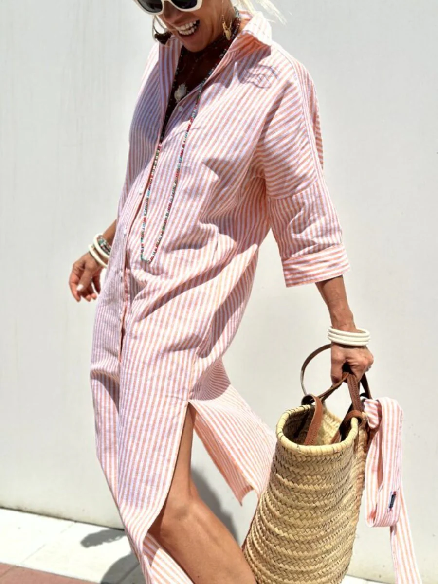 Classic Striped Lace-Up Shirt Dress - Image 2