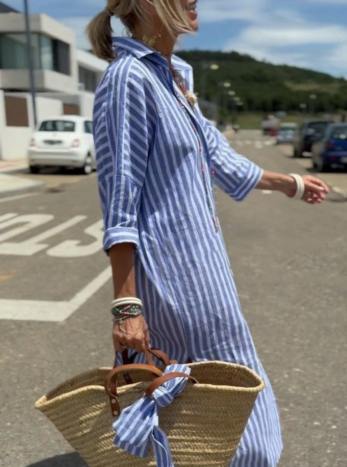 Classic Striped Lace-Up Shirt Dress - Image 5