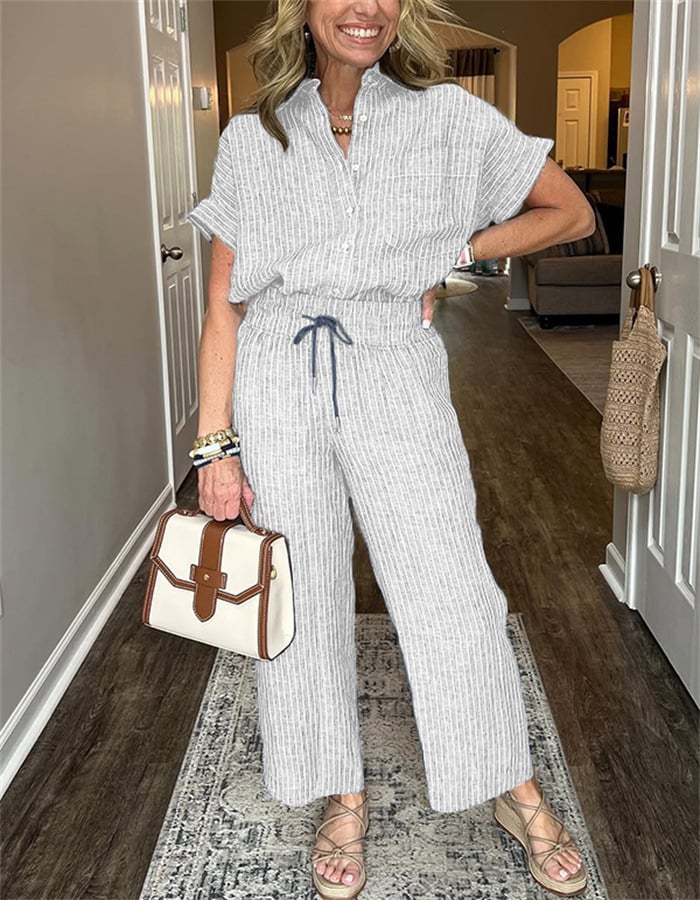 Classic Striped Linen Cotton Shirt Set With Pockets - Image 6