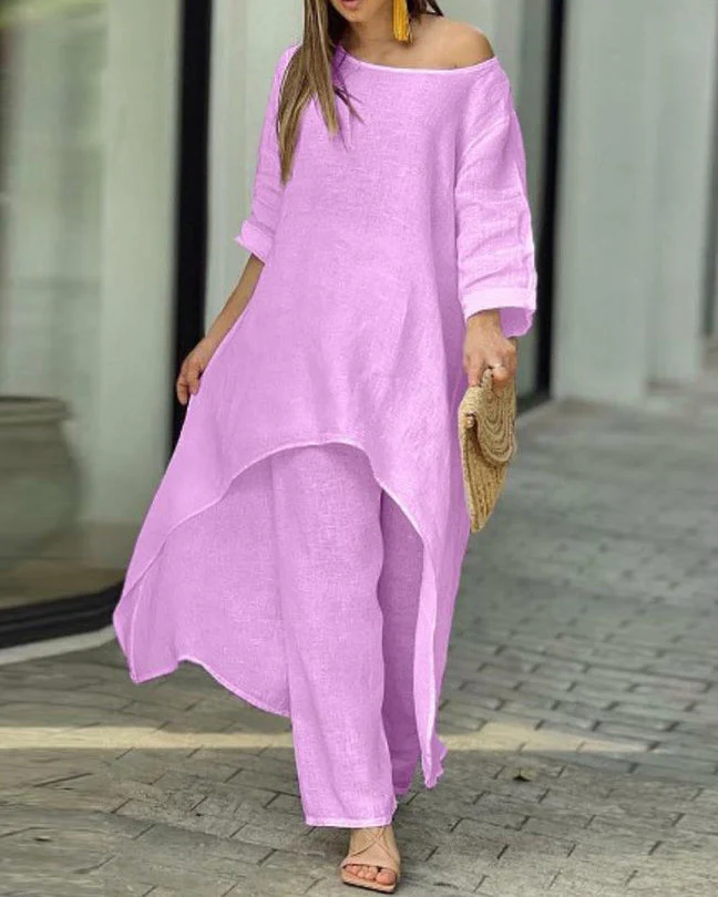 Women's Autumn Elegant Solid Color Loose Casual Cotton And Linen Two-piece Suit - Image 4