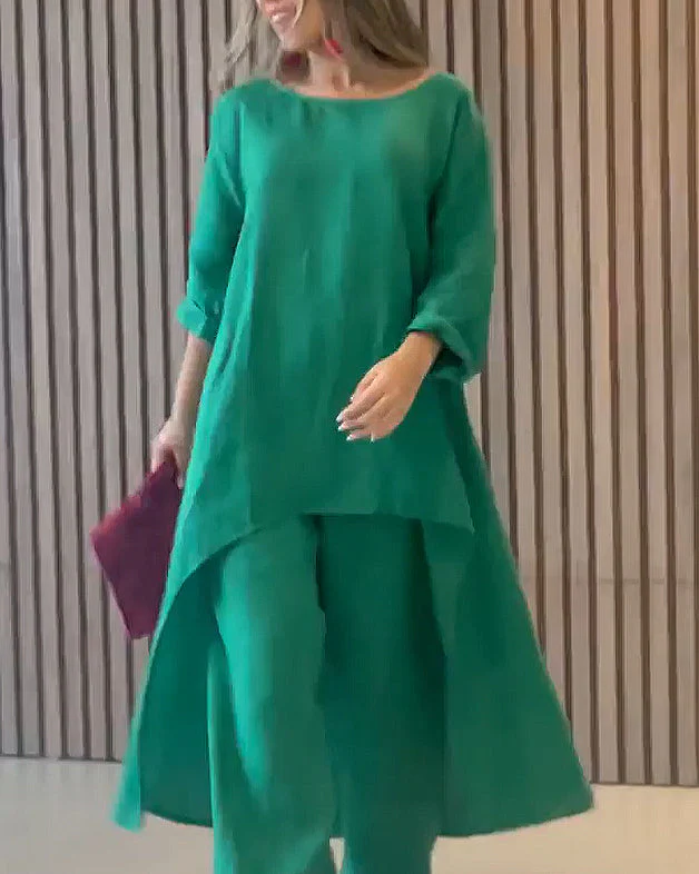Women's Autumn Elegant Solid Color Loose Casual Cotton And Linen Two-piece Suit - Image 5