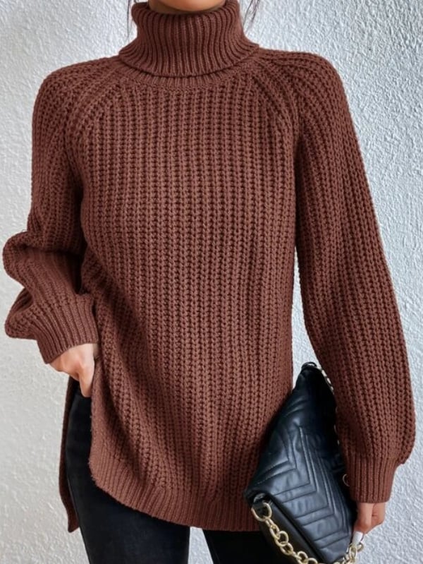 Cotton Turtleneck Raglan Sleeve Split Hem Sweater - Image 14