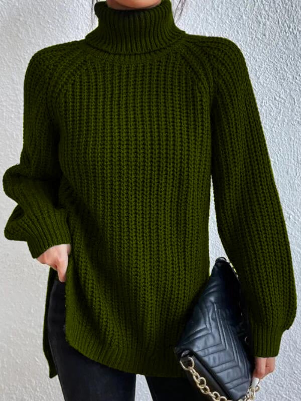Cotton Turtleneck Raglan Sleeve Split Hem Sweater - Image 15