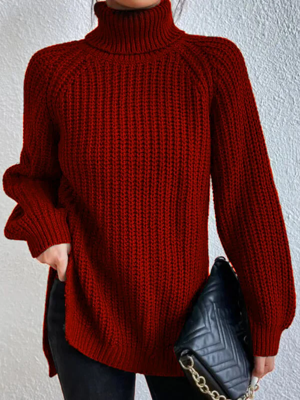 Cotton Turtleneck Raglan Sleeve Split Hem Sweater - Image 3