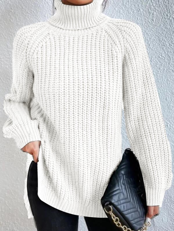 Cotton Turtleneck Raglan Sleeve Split Hem Sweater - Image 4