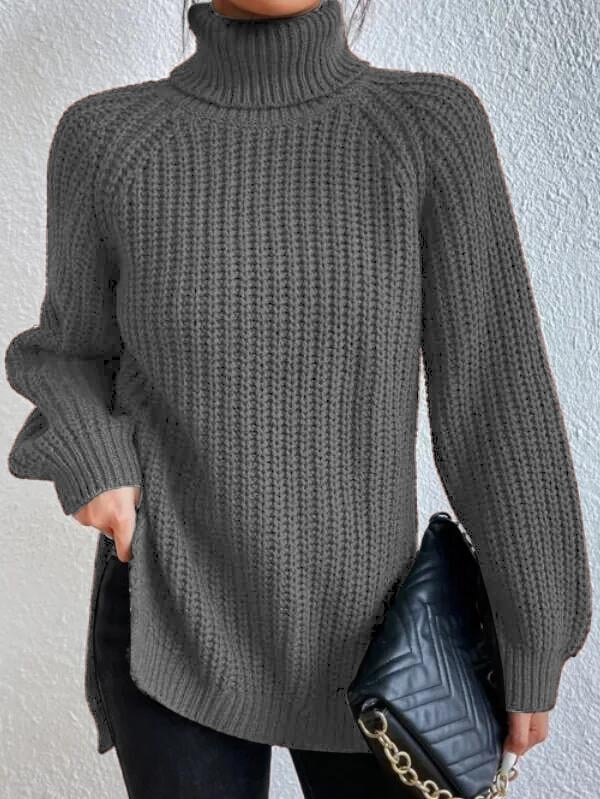 Cotton Turtleneck Raglan Sleeve Split Hem Sweater - Image 5