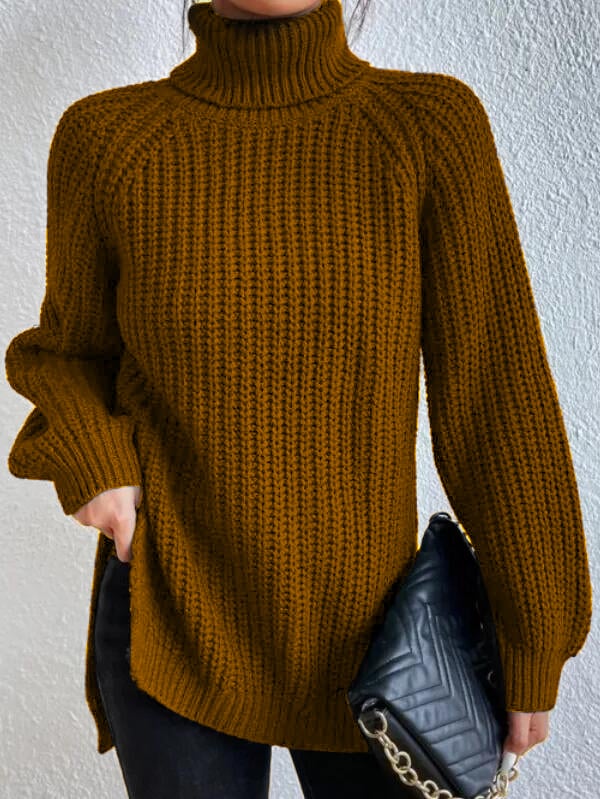 Cotton Turtleneck Raglan Sleeve Split Hem Sweater - Image 6
