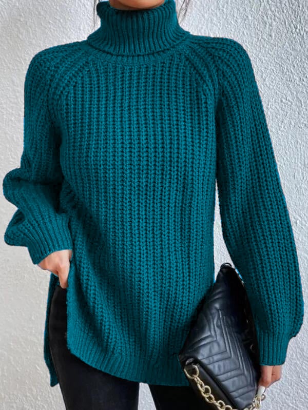 Cotton Turtleneck Raglan Sleeve Split Hem Sweater - Image 7