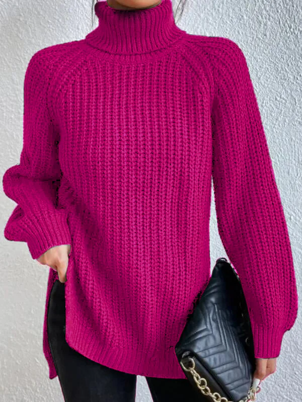Cotton Turtleneck Raglan Sleeve Split Hem Sweater - Image 8