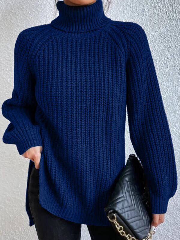 Cotton Turtleneck Raglan Sleeve Split Hem Sweater - Image 9