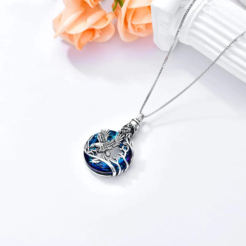 Cremation Jewelry Sterling Silver Eagle Urn Necklace for Ashes with Blue Circle Crystal Memorial Keepsake w/Funnel Filler Memorial Jewelry - Image 3