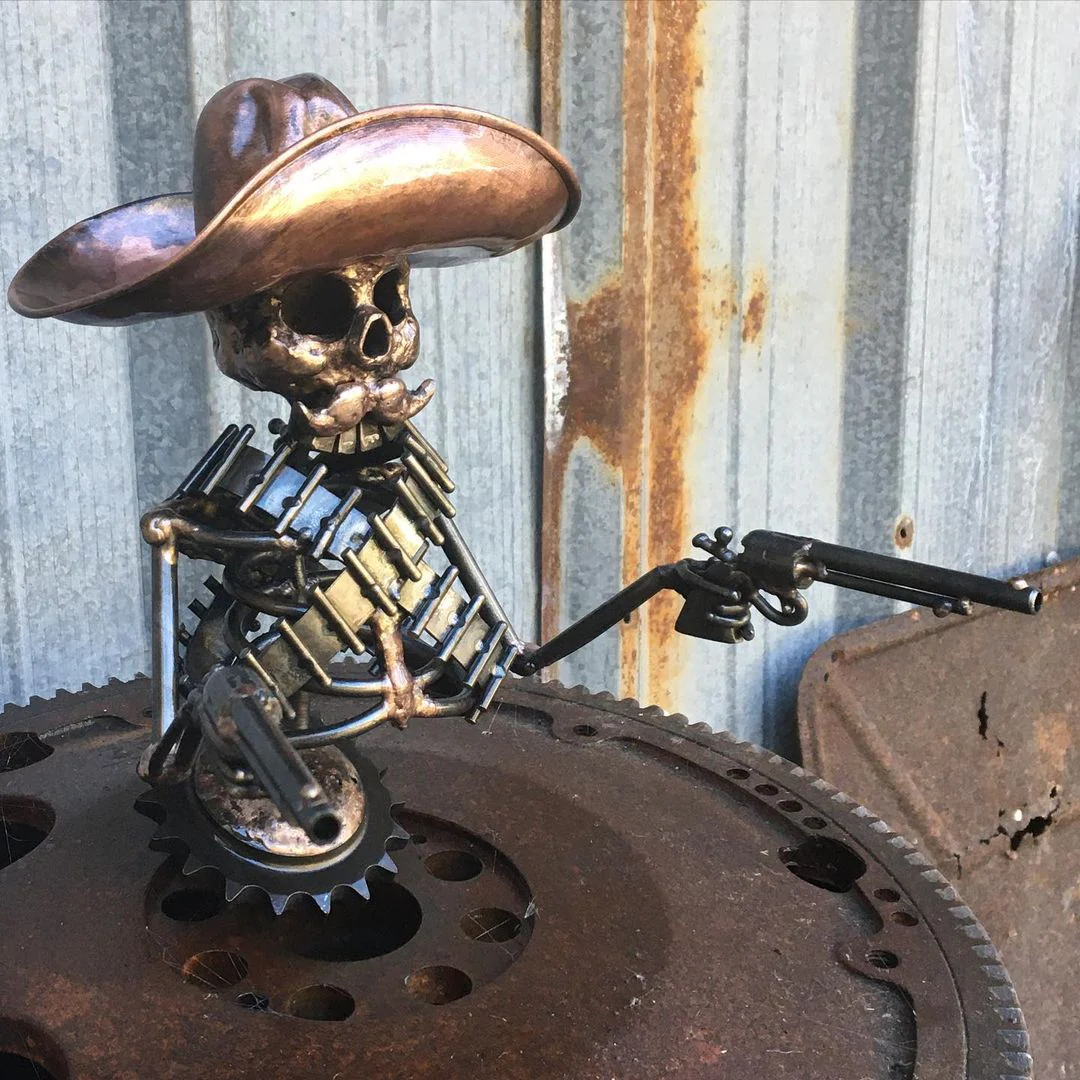 Handmade Cast Cowboy Skull Gunslinger Hood Ornament Sculpture - Image 4