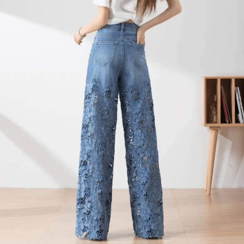Handmade Hollow Lace Patchwork Jeans - Image 8