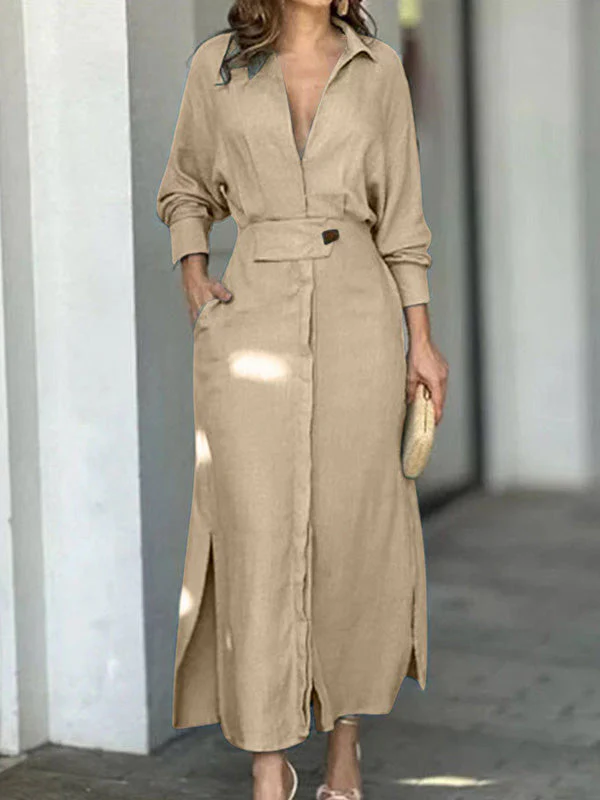 Fashion Cotton Linen Solid Color V-neck Dress - Image 4