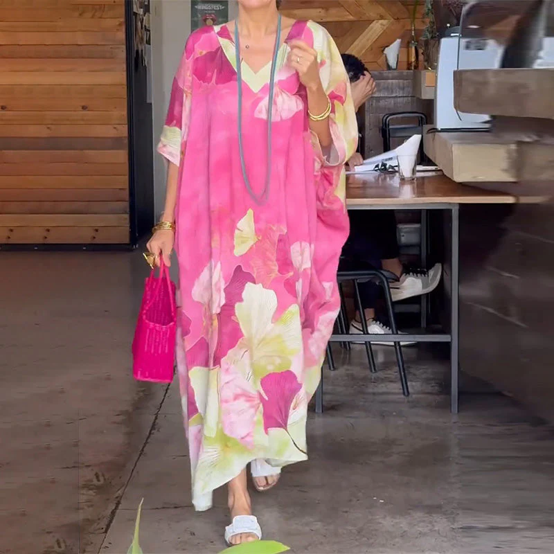 Floral Print Loose Long Dress with Half Sleeves - Image 2
