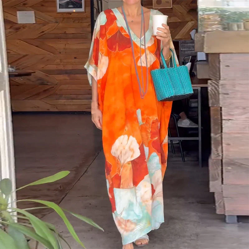 Floral Print Loose Long Dress with Half Sleeves - Image 3