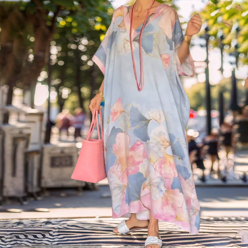 Floral Print Loose Long Dress with Half Sleeves - Image 4