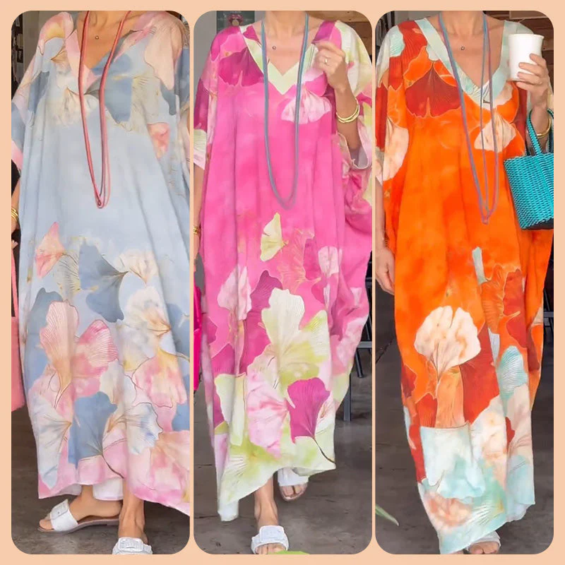 Floral Print Loose Long Dress with Half Sleeves - Image 5