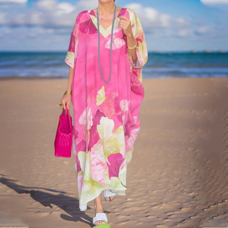 Floral Print Loose Long Dress with Half Sleeves - Image 7