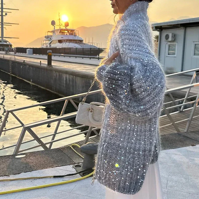 Knitted Sweater Jacket With Solid Color Sequins - Image 10