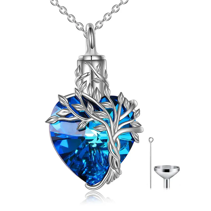 Heart Tree of Life Urn Necklace for Ashes Sterling Silver Cremation Jewelry with Crystal w/Funnel Filler - Image 11