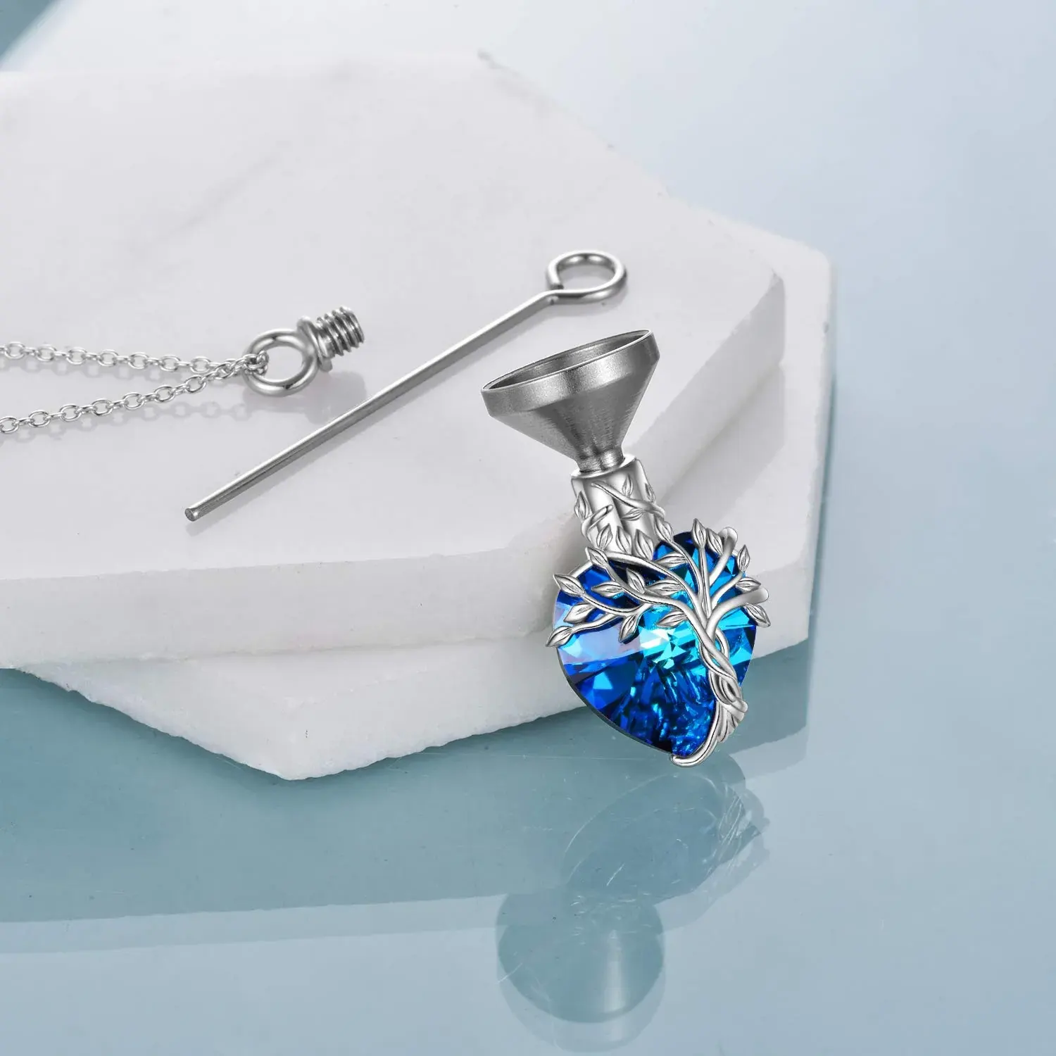 Heart Tree of Life Urn Necklace for Ashes Sterling Silver Cremation Jewelry with Crystal w/Funnel Filler - Image 13