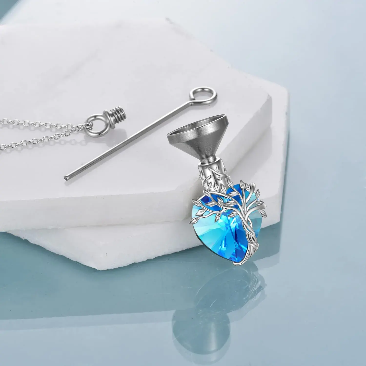 Heart Tree of Life Urn Necklace for Ashes Sterling Silver Cremation Jewelry with Crystal w/Funnel Filler - Image 20