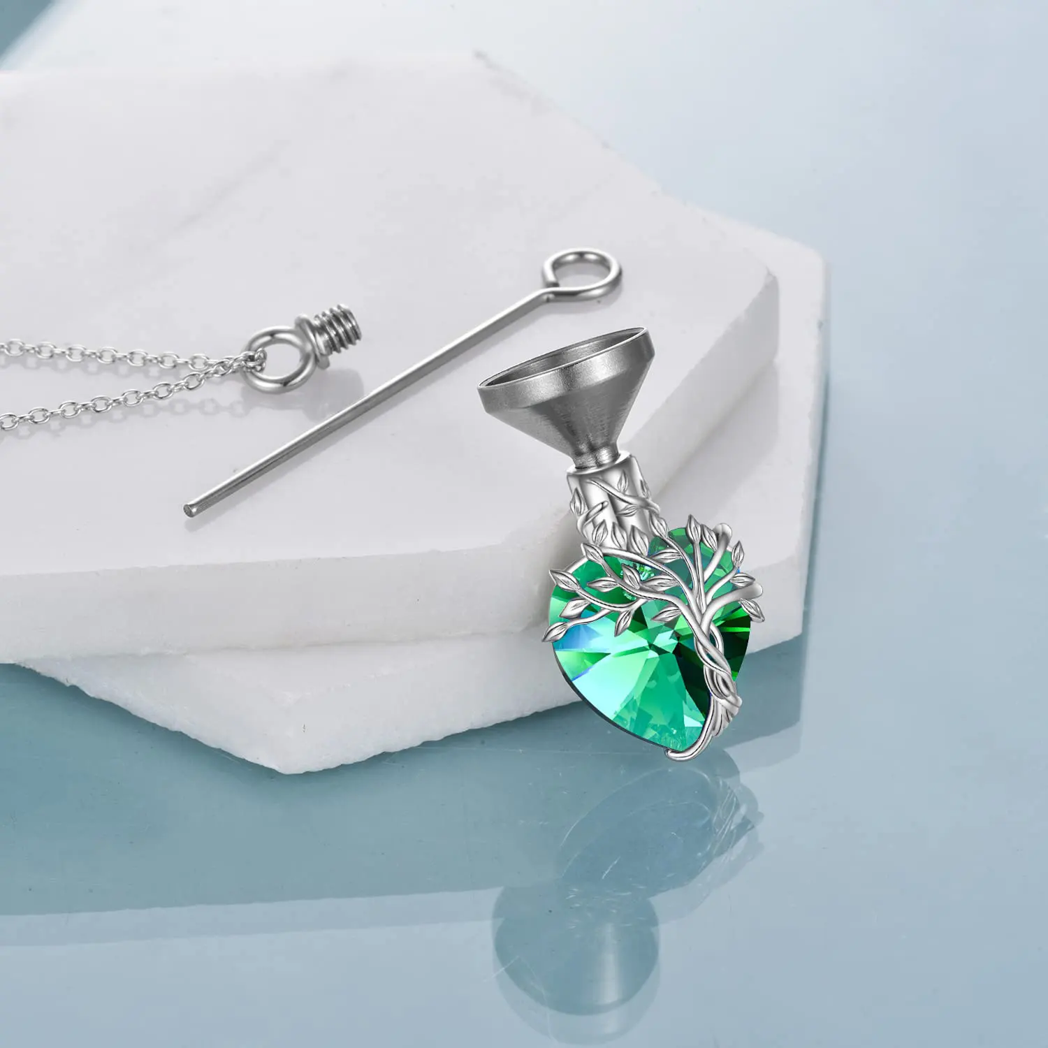 Heart Tree of Life Urn Necklace for Ashes Sterling Silver Cremation Jewelry with Crystal w/Funnel Filler - Image 26