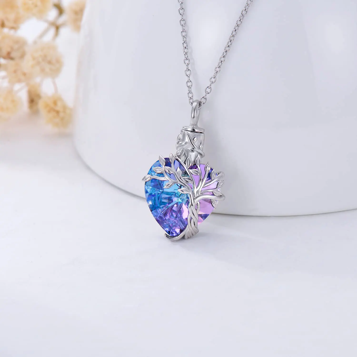 Heart Tree of Life Urn Necklace for Ashes Sterling Silver Cremation Jewelry with Crystal w/Funnel Filler - Image 3